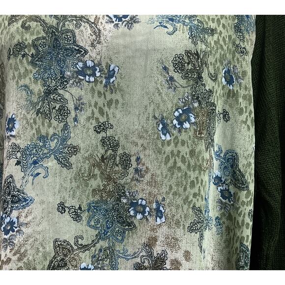 Zara Knit Floral Chiffon Sweater Tunic High Low Split Hem Long Sleeves Green - Picture 3 of 12